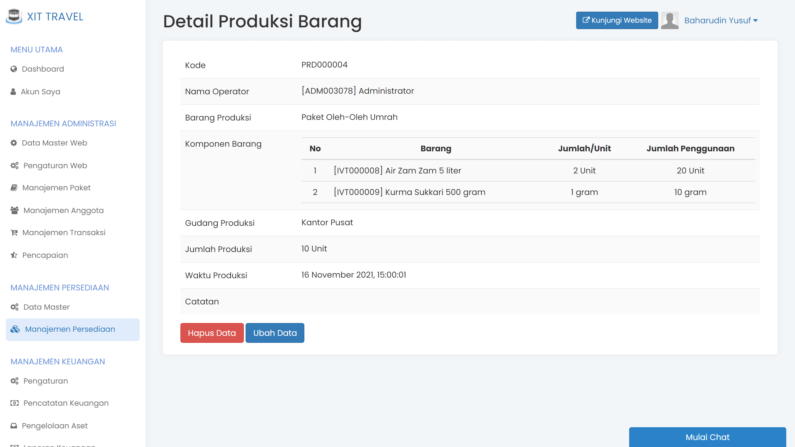 Layar pencatatan produksi barang di Erahajj
